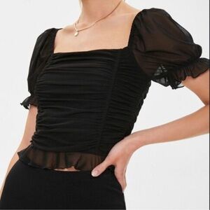 Forever21 black mesh, square neck short sleeve crop top. Size S